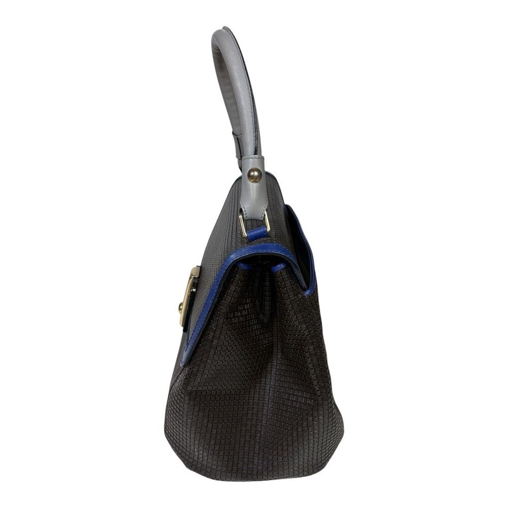 Serapian Bown Leather Gray Top Handle Cobalt Blue Trim Structured Handbag - Picture 4 of 9